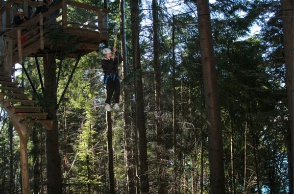 90 year old Val Brown enjoys the thrill of the Moa 4-Tour Ziptrek as part of her birthday celebrations.